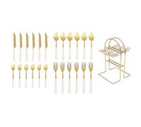 24pcs Mixed Cutlery Set Stainless Steel Ceramic Handle Tableware Dinnerware Set with Storage Stand-Knives/Spoons/Forks/Teaspoons for Family, Restaurants, Restaurants, Parties (Pure White+Gold)