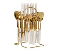 24pcs Mixed Cutlery Set, Stainless Steel Cutlery Sets with Hanging Stand, Mirror Polishing Flatware Set Service for 6, Includes Knives Forks Spoons Teaspoons, for Family Restaurant (Gold, White)