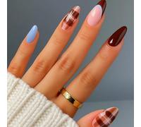 24PCS Mocha Blue Harmony Press on Nails - Almond Shape Caramel Plaid Mix Latte Cloud Elegant Gradient Fusion Look - Modern Minimal Chic Trendy Dual Tone Art Nails