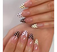 24PCS Mocha Dot Delight Press on Nails - Almond Shape Pink Yellow Brown Sweet Pastel Dot Blend - Retro Polka French Tips Playful Candy Chic Modern Pin-Up Nail Art