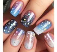 24Pcs Moon Star Press on Nails Glossy Purple Gradient Stick on Nail Medium Square Acrylic Full Cover False Nail Stars Sky Fake Nails Meteor Gel Glue on Fingernails for Holiday Manicure Art