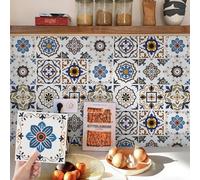 24Pcs Moroccan Stick on Tiles Kitchen Blue Brown - Tile Stickers for Bathroom 15x15cm - Removable Waterproof Victorian Vintage Vinyl Self Adhesive Sticky Back Tiles