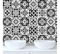 24pcs Moroccan Tile Stickers 15x15cm Bathroom Black and white Tile Stickers For Kitchen Bathroom Living Room Fireplace Stairs Home Waterproof Stickers For Tile Peel And Stick Tile Decals 6"x6"