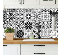 24pcs Moroccan Tile Stickers 15x15cm Bathroom Tile Stickers for Kitchen Transfers Cover Stick On Tiles Peel and Stick Wall Decals Waterproof 6"x6",Black and White