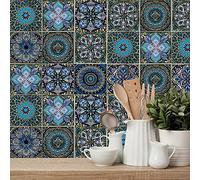 24pcs Moroccan Tile Stickers 15x15cm Blue Bathroom Tile Stickers for Kitchen Transfers Cover Stick On Wall Peel and Stick Tile Decals Waterproof 6"x6"