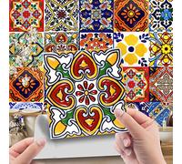 24PCS Moroccan Tile Stickers, Colourful Self Adhesive Retro Wall Tiles Stickers for Bathroom, Table Stair Kitchen Living Room (15x15CM)
