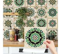 24pcs Moroccan Tile Stickers, Kitchen Bathroom Wall Stick on Tiles Self Adhesive Vinyl Waterproof Backsplash Peel and Stick Tile Covers Decals Vintage Mosaic Art (15cm x 15cm, 6x6 inches) Cream Green