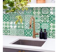 24pcs Moroccan Tile Stickers, Kitchen Bathroom Wall Stick on Tiles Self Adhesive Vinyl Waterproof Backsplash Peel and Stick Tile Covers Decals Vintage Mosaic Art (15cm x 15cm, 6x6 inches) White Green