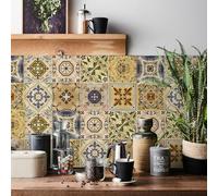 24pcs Morocco Tile Stickers 10x10cm for Kitchen Bathroom Vintage Waterproof Oil Proof DIY Stick on Tiles Self Adhesive Floor Vinyl Wall Stickers