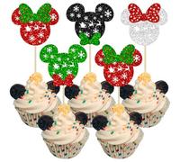 24Pcs Mouse Inspired Christmas Cupcake Toppers Glitter Santa Mouse Cupcake Picks for Christmas Holiday Theme Baby Shower Birthday Party Cake Decoration Supplies