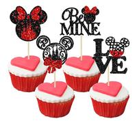 24Pcs Mouse Inspired Happy Valentine's Day Cupcake Toppers Glitter Be Mine Love Cupcake Picks for Valentine's Day Theme Wedding Bridal Shower Birthday Party Cake Decorations Supplies