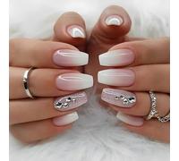 24Pcs Multicolored French Tip Press On Nails - Coffin False Nails, Medium Length Pink White Gradient Glossy Removable Glue On Nails Set with Elegant Rhinestones Design for Women