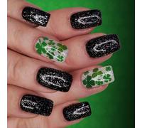 24Pcs Multiple Size Shining Presses on Nails Featuring Lucky Four Leaves Clovers Art for Various Hand Shapes Styles Green Clovers