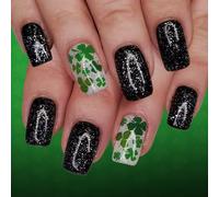 24Pcs Multiple Size Shining Presses on Nails Featuring Lucky Four Leaves Clovers Art for Various Hand Shapes Styles Black Glitters