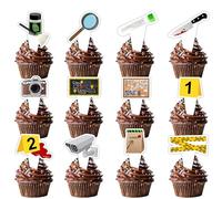 24pcs Mystery Crime Clue Evidence Dessert Cupcake Topper Pick for Detective Suspect Theme Decor Supplies Woman Man Happy Birthday Party Decoration