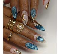 24Pcs Nails Art Containing Glittering Cats Eye and Oceans Star Patterns ABS for Multiple Styles Choices and Quick Wear Golden Nails