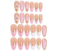 24pcs Nails Artificial Nail Set Almond Shape French Chic Style | 3d Textured Floral Design with Glitter and Pearl Detailing, Comfortable Preshaped Plastic Tips, Quick Application for Office