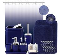24Pcs Navy Blue Bathroom Set with Shower Curtain and Rug and Accessories, Blue Bathroom Sets Complete with Trash Can,Soap Dispenser,Soap Dish,Toilet Brush,Toothbrush Holder and Cup,Tray,Q-Tip Holders