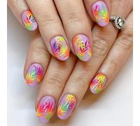 24Pcs Neon Leaf Press-On Nails Short Oval - Vibrant Purple Fake Nails with Colourful Tropical Design, Glossy Stick On for Women Summer Party Vacation, Easy Application Salon Style Manicure Kit