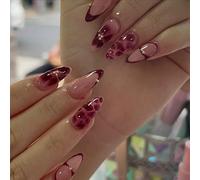 24PCS New Burgundy Almond Press On Nails - Glossy Red Acrylic Fake Nails with Flower & Rhinestone Design, 12 Sizes Full Cover Stick-On with Jelly Tabs for Women Elegant Daily Wear DIY Art