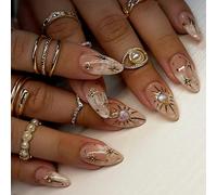 24PCS Nude Beige Almond Press On Nails, Nude Marble Acrylic Fake Nails with Gold Line Star Accent, Reusable Acrylic Fake Nail Kit, Full Cover Stick on Nail for Women, Medium Long French Nail Art
