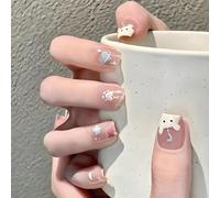 24Pcs Nude Clear Accessory Tools on Nails With Cute Bear Planet Flower Details Jelly Look Square Full Cover Fake Nails Soft Color Style for Minimal Illustration Cartoon Art Design