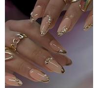 24Pcs Nude Gold Edge Press On Nails With Pearl Crystal Decoration Long Oval False Nails Luxury Chic Style For Party Evening Date Wedding Elegant Look Full Cover Nail Tips Set