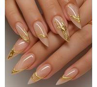 24Pcs Nude Gold Swirl Press On Nails - Long Almond Shape False Nails with Glossy Finish and Metallic Art - Includes Gelly Adhesive Tabs for Easy Application and Elegant Look