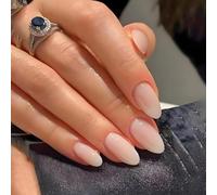 24PCS Nude Gradient French Tip Press on Nails, Medium Almond Shape Glossy Full Cover Fake Nails, Includes Jelly Adhesive Tabs & File, Reusable Stick-on Kit for Women & Girls