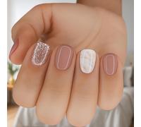 24PCS Nude Marble Design Press on Nails - Short False Glitter Nails with Elegant Touch and White Marble Texture Design False Stick on for Women Nude Base with Shiny Sparkle Design