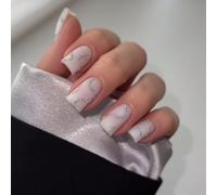 24Pcs Nude Pink False Nails Short Square, French Tip Press on Nails with Glue Stickers, Pure Color Full Cover Acrylic Fake Nails with Silver Shiny Lines, Glossy Removable Manicure Art Gifts for Women