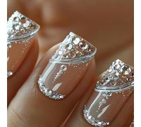 24Pcs Nude Pink French False Nails, 12 Sizes Short Square Press on Nails with Glitter Rhinestones, Natural Removable Manicure Kit Full Cover Acrylic Stick on Nails for Women Girls Daily Wear