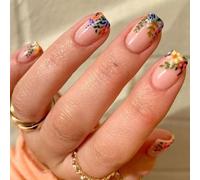 24Pcs Nude Pink French Tip False Nails, Short Square Floral Press on Nails with Elegant Design, Spring Summer Flowers Acrylic Full Cover Fake Stick on Nails for Women Girls Manicure Decoration