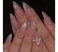 24Pcs Nude Pink Press on Nails Almond, French Tip False Nails Medium Long, Glitter Cat's Eye Acrylic Fake Nails with Butterfly Rhinestone Pearl Charms, Gel Stick on Nail for Women DIY Manicure