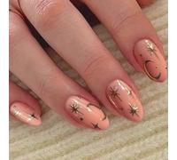 24PCS Nude Pink Short Oval Press on Nails - Star Pattern Handmade Acrylic Stick On Fake Nails, Multiple Sizes, Easy to Apply & Remove, Nail Art Accessories for Women