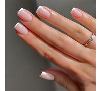 24pcs Nude Press on Nails - French Tip False Nails - Medium Square Stick on nails - Strong Fake Nails with Glue - 12 Sizes French Manicure False nails Natural - Full Cover Acrylic Nail Tips for Women