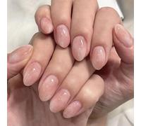 24Pcs Nude Press on Nails Short Almond, Short False Nails Almond, Glossy & Reusable Natural Fit Gel Stick on Nails for Women Finger Daily Wear