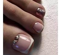 24Pcs Nude White Square False Toenails Glossy French Rhinestones Press on Toenails Shiny Stick on Toenails Short Acrylic Full Cover Summer Fake Toenails for Women and Girls Daily Decorations