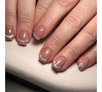 24PCS Nudes Silver Foils Glitters French Presses on Nails for Women Metallic Accent Fake Nails