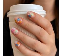 24PCS Ocean Theme Cute Fish Starfish False Nails-Colorful Sea Star Jellyfish Press on Nails with Accessory Tool, Short Oval Nail Tips for Women Girls, Easy to Apply, Durable and Natural Look