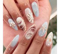 24PCS Ocean Theme Press On Nails - 3D Blue White Starfish & Seashell False Nails with Glue & File, Perfect for Summer Beach Party & Daily Wear