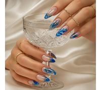 24Pcs Ocean Wave Acrylic Press On Nails - Long Oval Tips With Blue And White Marble Wave Design And Gold Accents For Elegant Summer Nail Art - Durable False With Accessory Tools