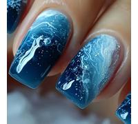 24PCS Ocean Wave Press On Nails - Blue Ombre Glitter Fake Nails with Natural Square Tips - Elegant Stick On Extensions DIY Manicure Kit for Women and Girls