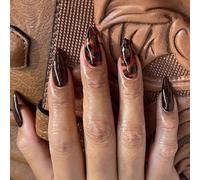 24PCS Ombre Brown Leopard Print Press On Nails - Medium Almond False Nails for Women, ABS Material with Jelly Adhesive Tabs, for Holiday Events, Date Nights & Winter Outfits
