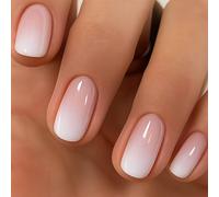 24PCS Ombre Gradient French Tip Press On Nails Short Square Shape - Elegant Glossy False Nails for Women, Strong Adhesive Jelly Tabs & ABS Material, Ideal for Wedding, Vacation & Daily Look