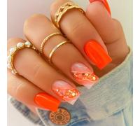 24PCS Orange Coffin Press On Nails Short Square French Tip Glossy - Marbled ABS Fake Nails with Accessory Tools for Easy 5-Minute DIY Application No Baking Required Durable Stick On