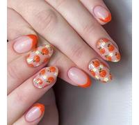 24Pcs Oranges Pumpkin False Nails French Styles Fall Thanksgiving Floral Art Not Tools Required