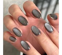 24Pcs Oval False Nails, Grey Glitter Cat's Eye Acrylic Full Cover Detachable Manicure Press on Stick Art Accessories for Women DIY