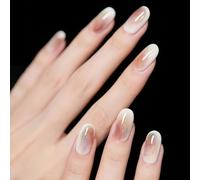 24PCS Oval False Nails - Ombre Press on Nails - White Stick on Nails - White Pink Fake nails with Glue - Elegant Round Square Nail Tips - Full Cover Glue on nails for Women Long Lasting Manicure Home