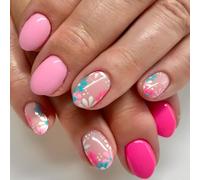 24Pcs Oval Press on Nails Short, Glossy Pink Flowers False Nails, Spring Summer Floral Artificial Fake Nails Glue on, Natural & Reusable Acrylic Full Cover Manicure Kit for Women Girls